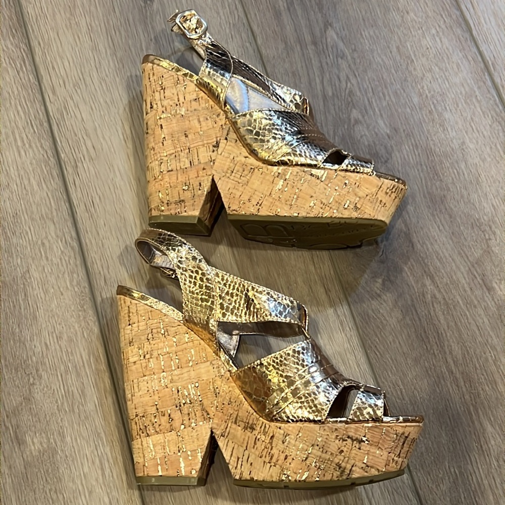 BCBGeneration Edelle Chunky Cork Wedges Platforms Rose Gold Size 7B - Picture 10 of 16